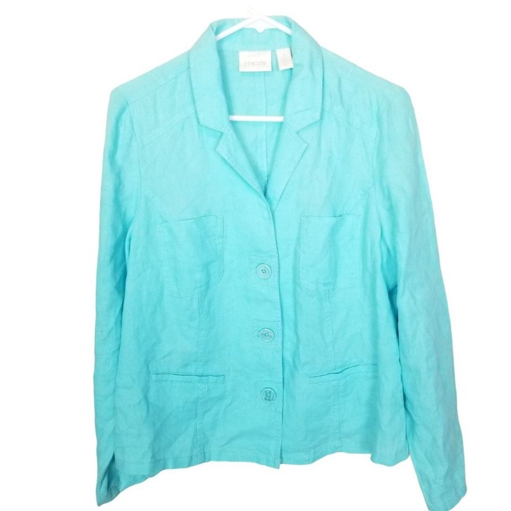 Chico's Womens 1 Blue Long Sleeves Collared Linen